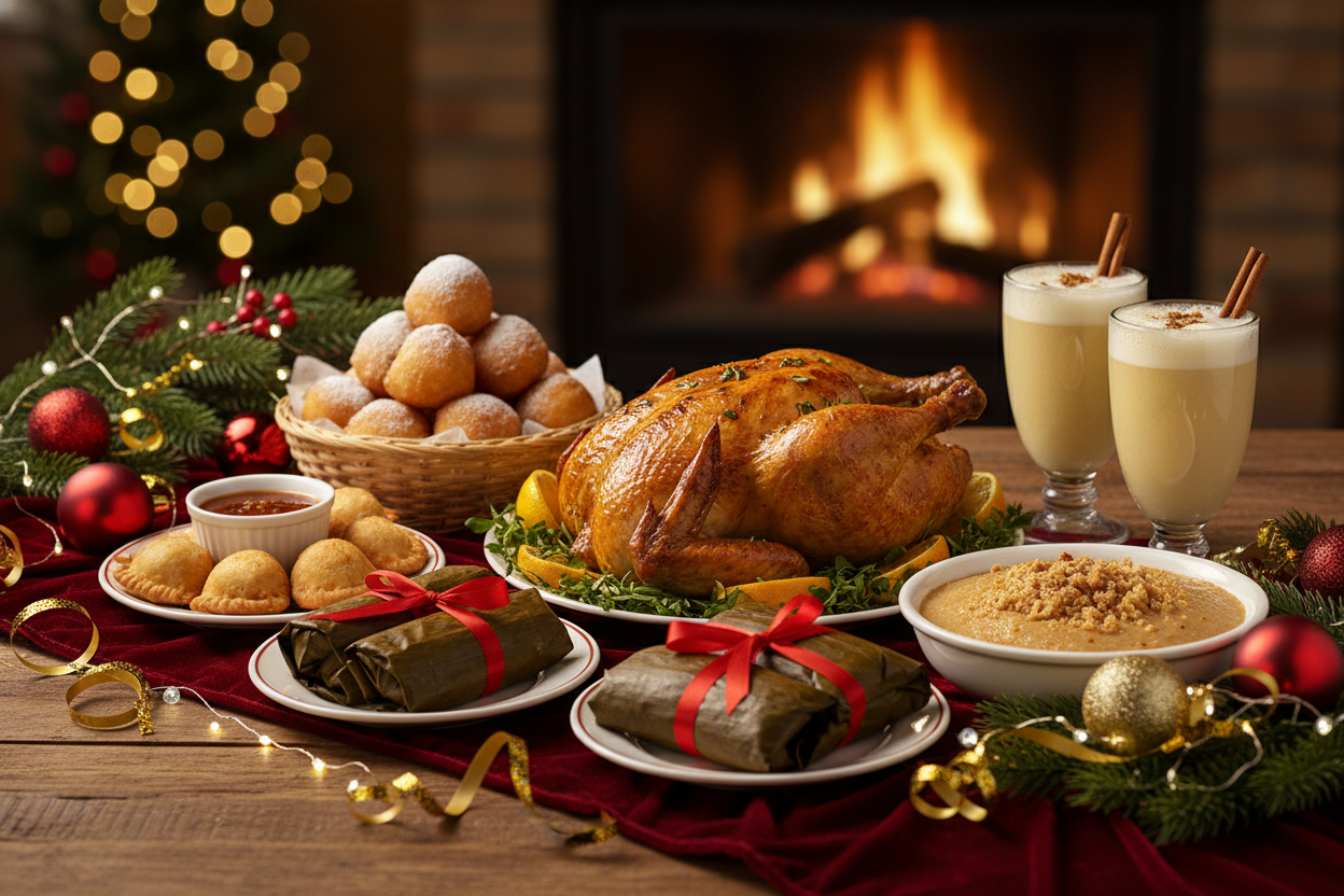 generame una imagen con tematica de navidad, debe ser muy llamativa, la comida navideña son os buñuelos, el pavo, las empanadas, el champus, la natilla y o que se pueda ocurrir, los tamales tambien algo real llamativo y profesional